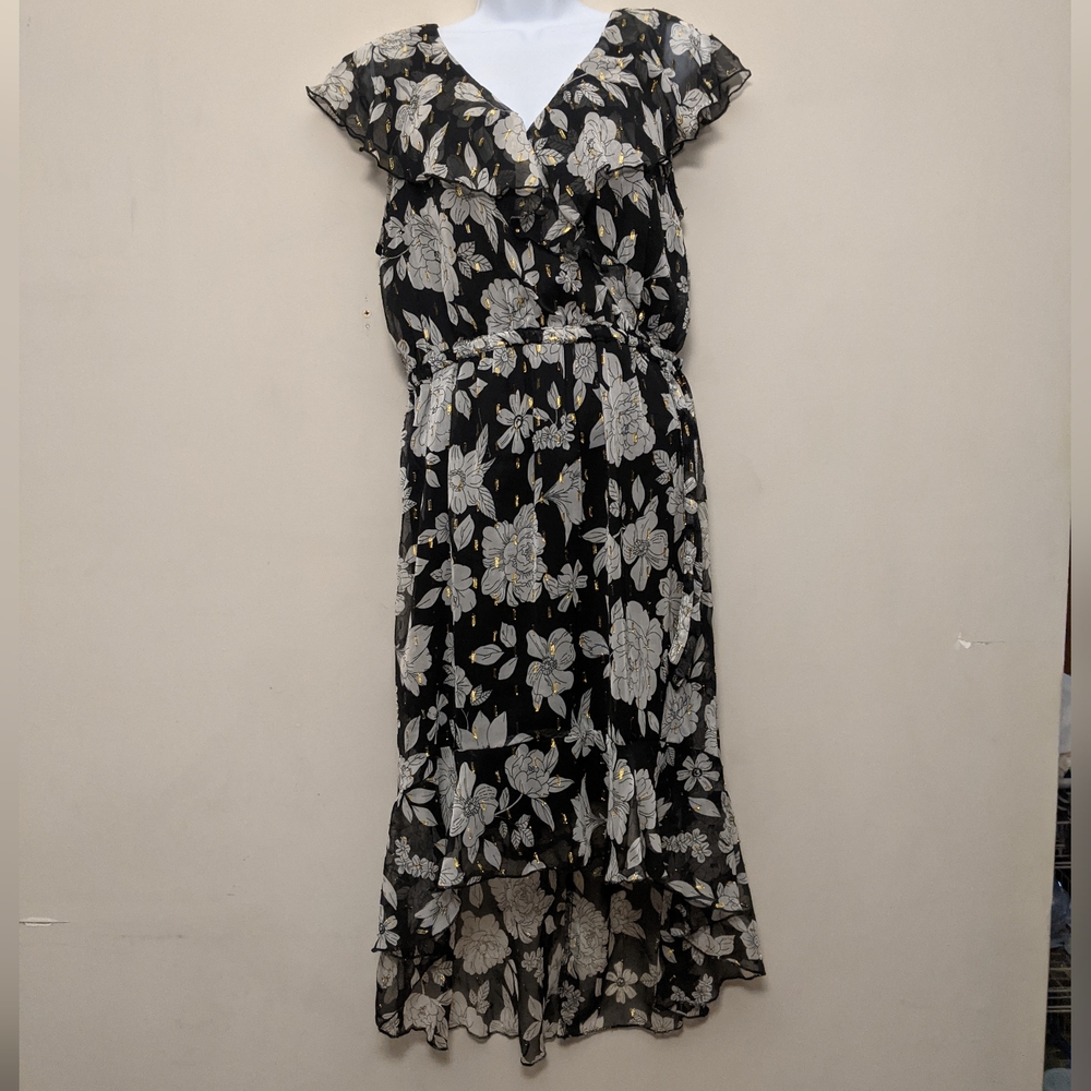 Time To Bloom Floral Black, White And Gold Chiffon Ruffle Hi-low Dress L